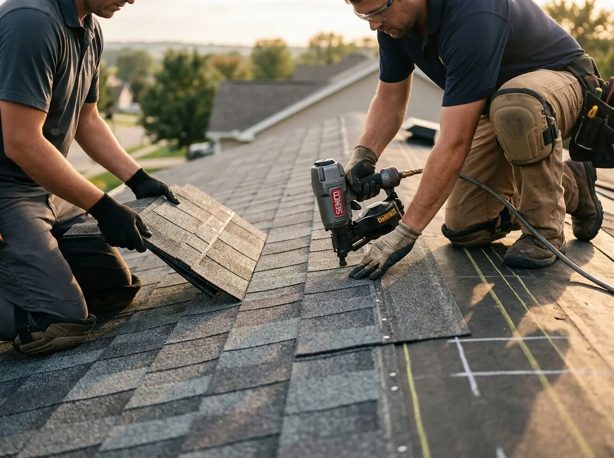Professional roofer working on a residential roof in Dumont